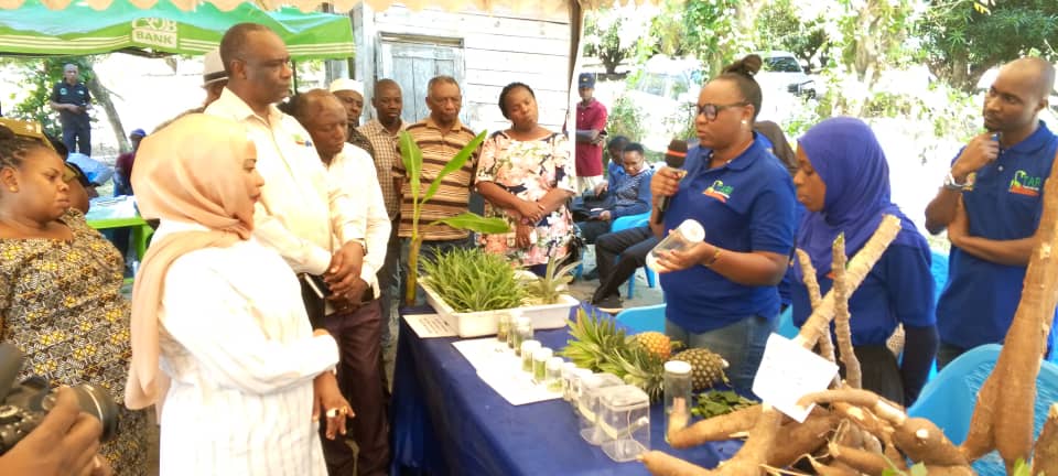 Christina Kidulile (with mic), researcher from TARI Mikocheni when explaining on Tissue Culture Technology to Hon. Khadija Nassir (Left), Mkuranga District Commissioner during Farmer Field Day (FFD)