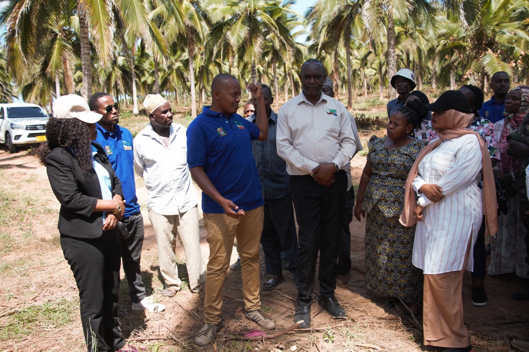 Emmanuel Mrema (Front blue t-shirt), researcher from TARI Mikocheni explaining to Hon. Khadija Nassir (Right), Mkuranga District Commissioner when visited the seed farm during Farmer Field Day (FFD)