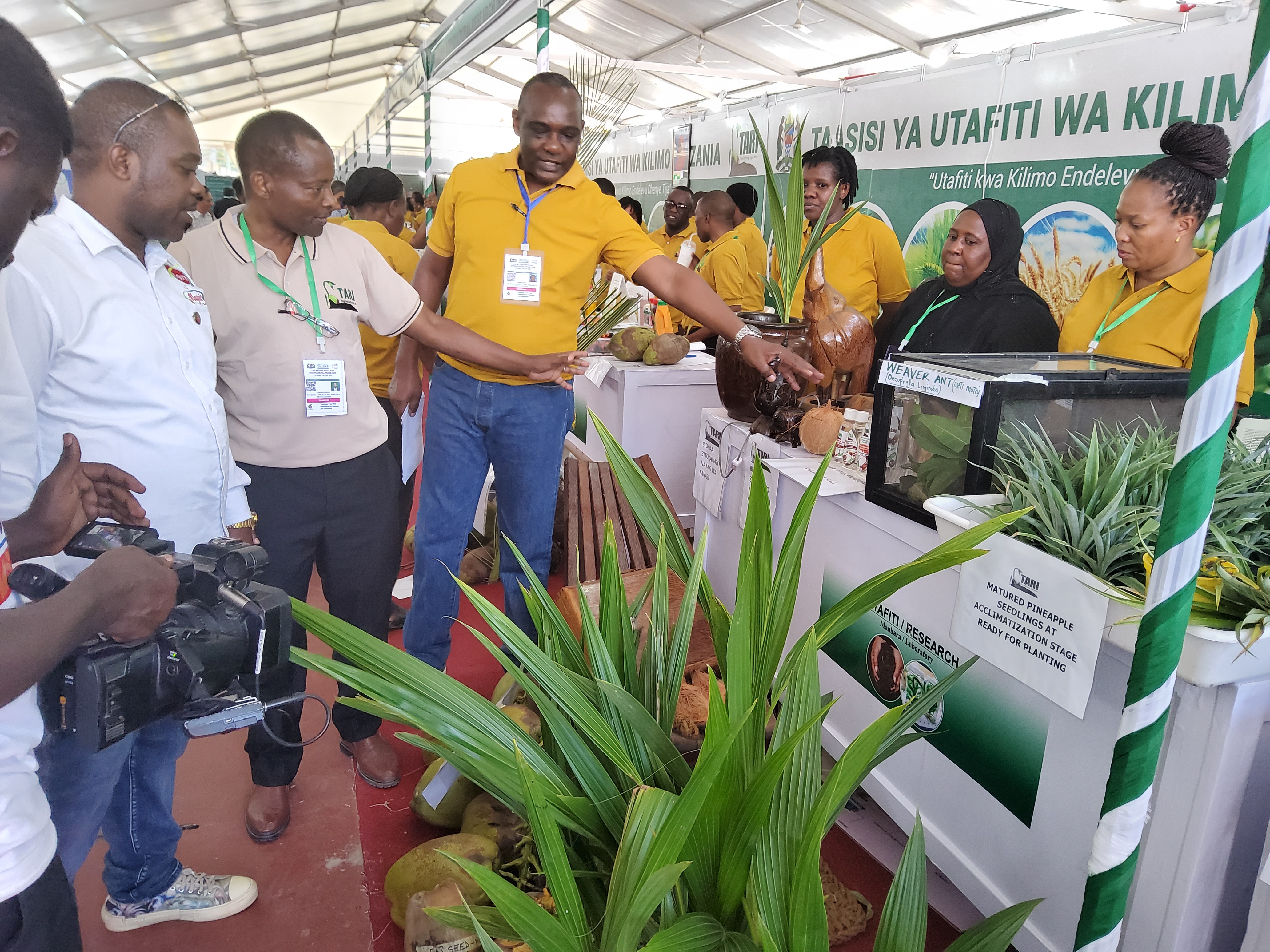 Dr. Fred Tairo (Third from left), TARI Mikocheni Center Manager explaining to Dr. Thomas Bwana (Second from left), Director General - Tanzania Agricultural Research Institute (TARI) on different products including Virgin Coconut Oil (VCO) and other produc